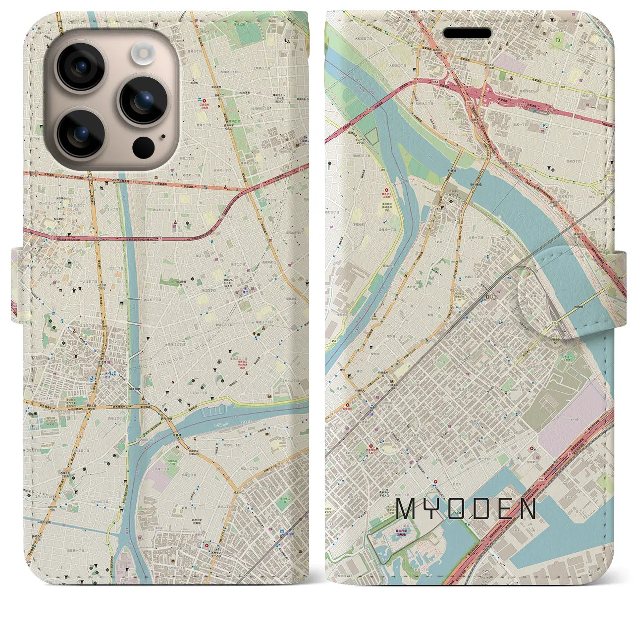 【妙典(千葉県)】地図柄iPhoneケース(手帳タイプ)ナチュラル・iPhone 16 Plus 用