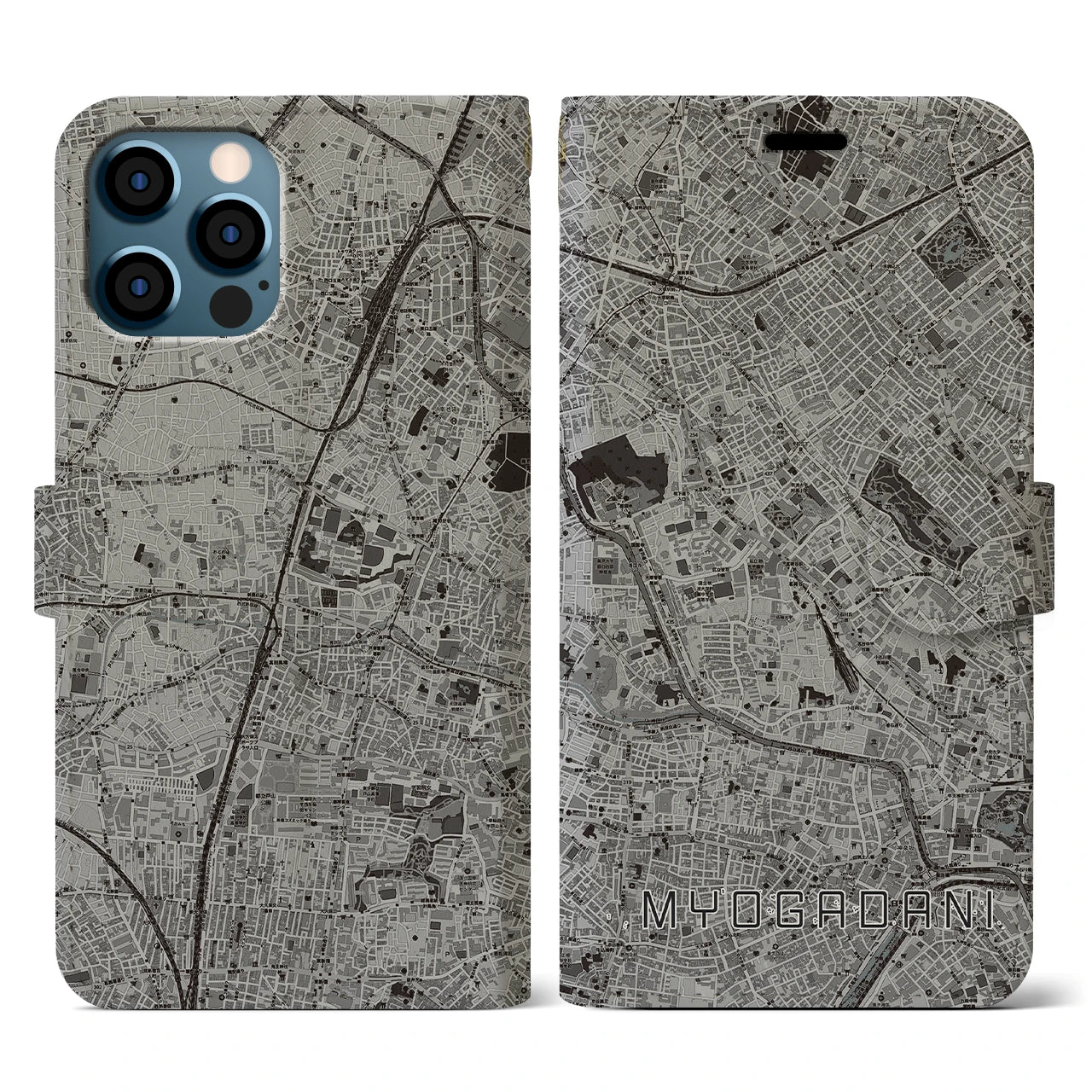 【茗荷谷(東京都)】地図柄iPhoneケース(手帳タイプ)モノトーン・iPhone 12 / 12 Pro 用