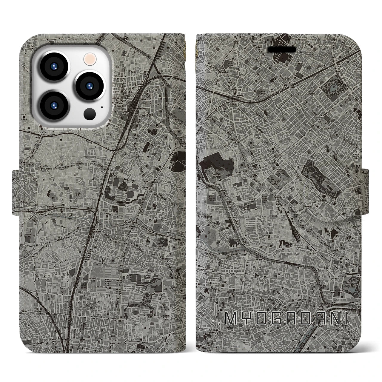 【茗荷谷(東京都)】地図柄iPhoneケース(手帳タイプ)モノトーン・iPhone 13 Pro 用