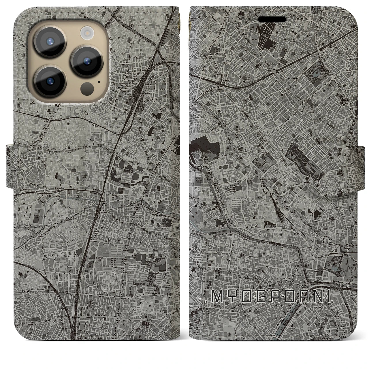 【茗荷谷(東京都)】地図柄iPhoneケース(手帳タイプ)モノトーン・iPhone 14 Pro Max 用