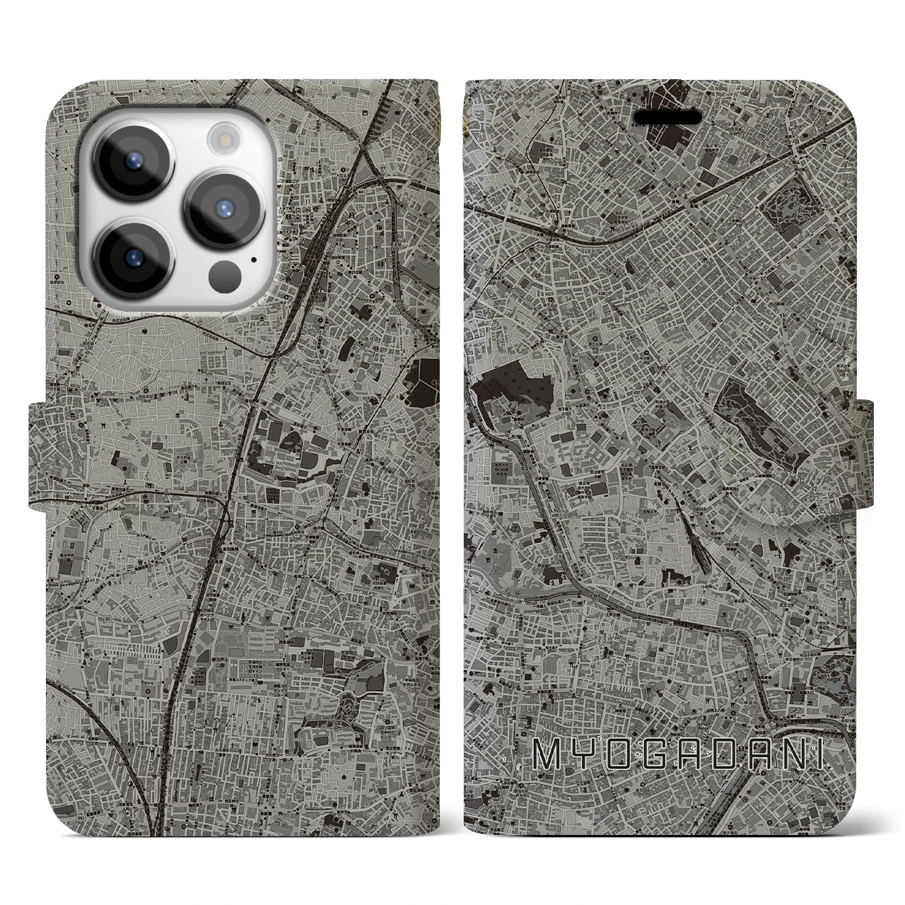 【茗荷谷(東京都)】地図柄iPhoneケース(手帳タイプ)モノトーン・iPhone 14 Pro 用