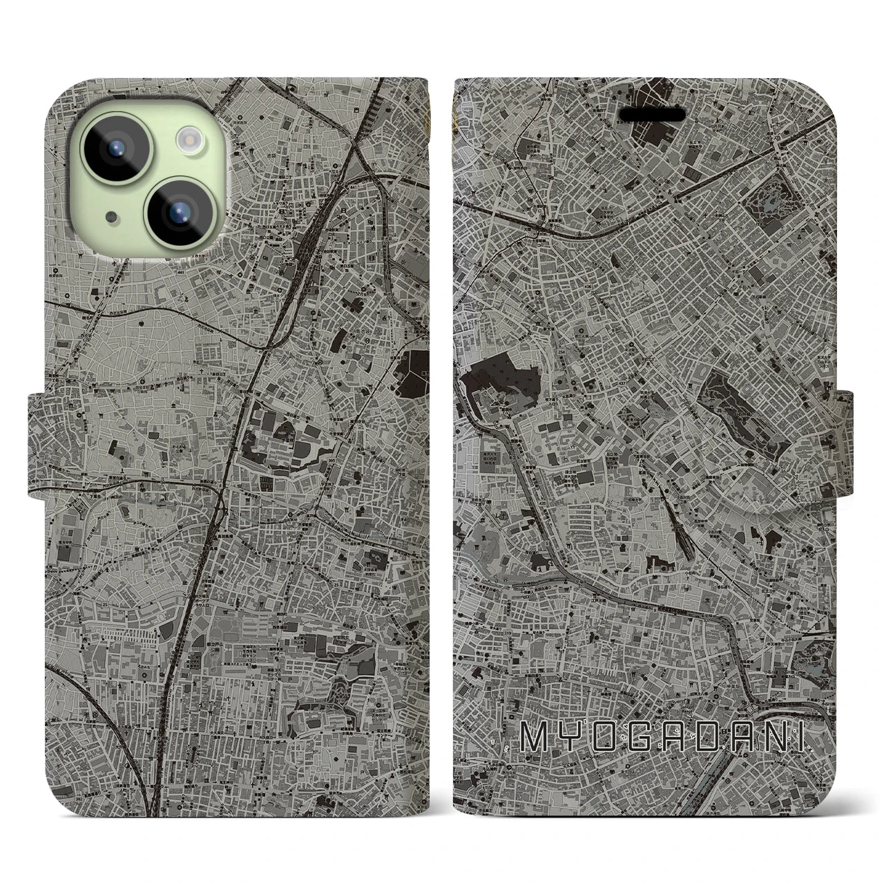 【茗荷谷(東京都)】地図柄iPhoneケース(手帳タイプ)モノトーン・iPhone 15 用