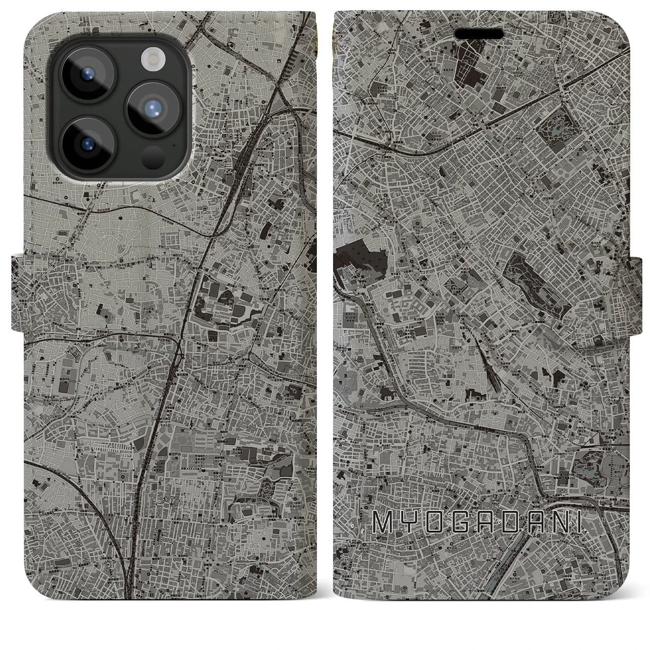 【茗荷谷(東京都)】地図柄iPhoneケース(手帳タイプ)モノトーン・iPhone 15 Pro Max 用