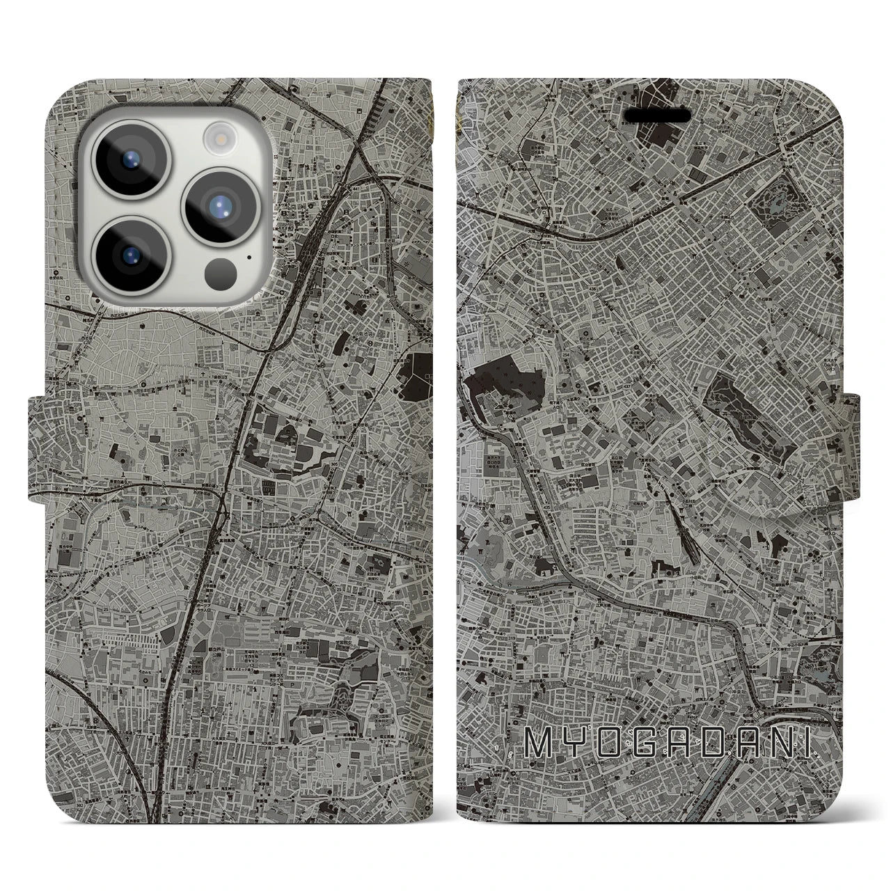 【茗荷谷(東京都)】地図柄iPhoneケース(手帳タイプ)モノトーン・iPhone 15 Pro 用