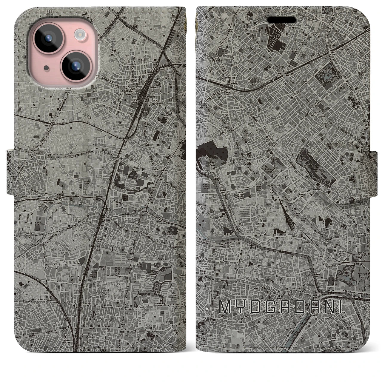 【茗荷谷(東京都)】地図柄iPhoneケース(手帳タイプ)モノトーン・iPhone 15 Plus 用