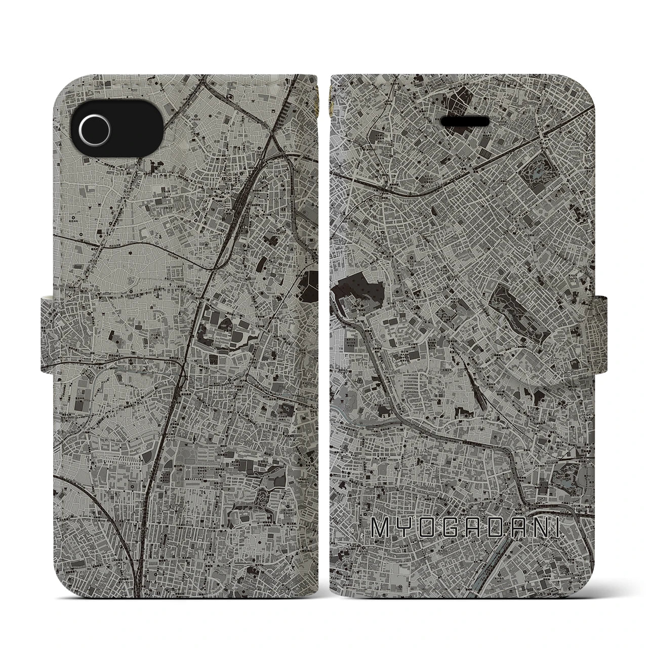 【茗荷谷(東京都)】地図柄iPhoneケース(手帳タイプ)モノトーン・iPhone SE(第3 / 第2世代) / 8 / 7 / 6s / 6 用