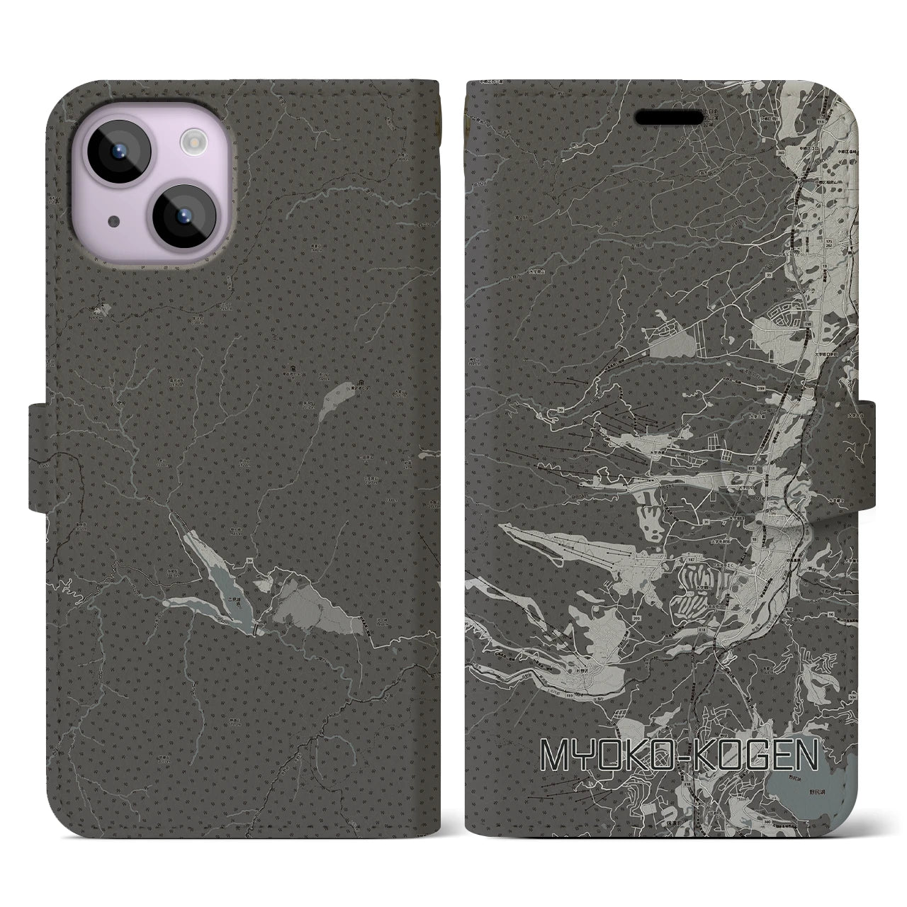 【妙高高原(新潟県)】地図柄iPhoneケース(手帳タイプ)モノトーン・iPhone 14 用
