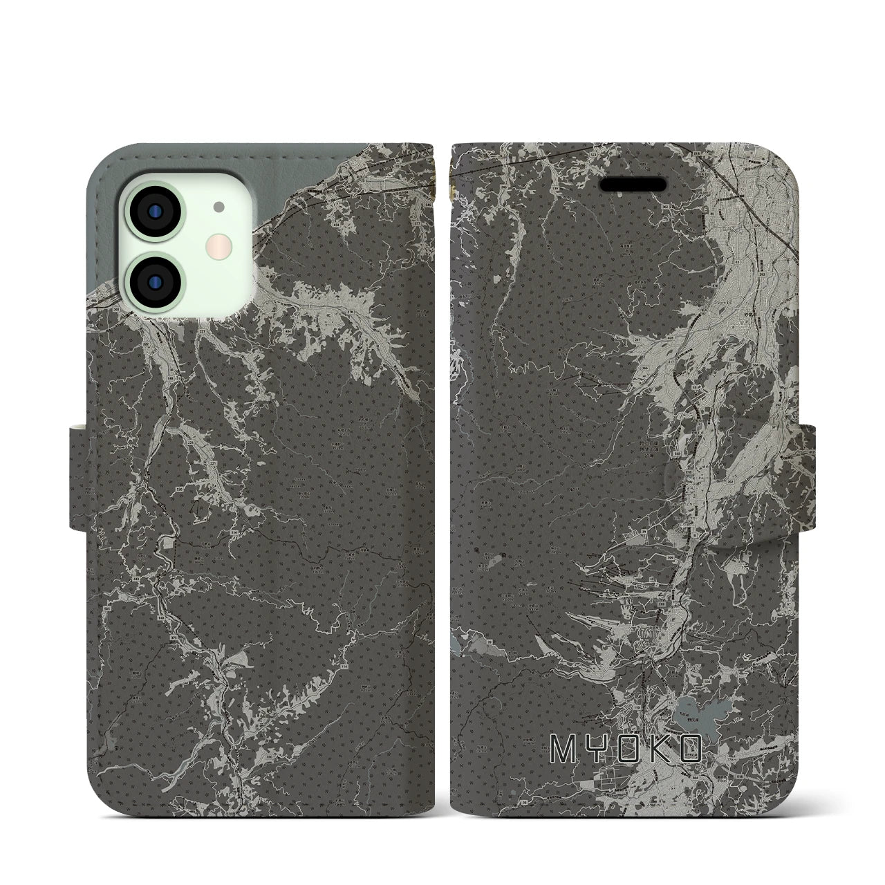 【妙高(新潟県)】地図柄iPhoneケース(手帳タイプ)モノトーン・iPhone 12 mini 用