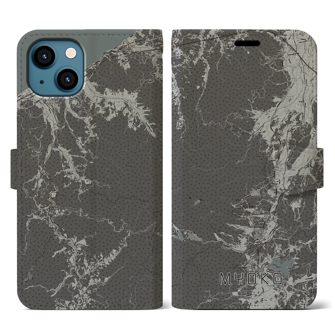 【妙高(新潟県)】地図柄iPhoneケース(手帳タイプ)モノトーン・iPhone 13 用