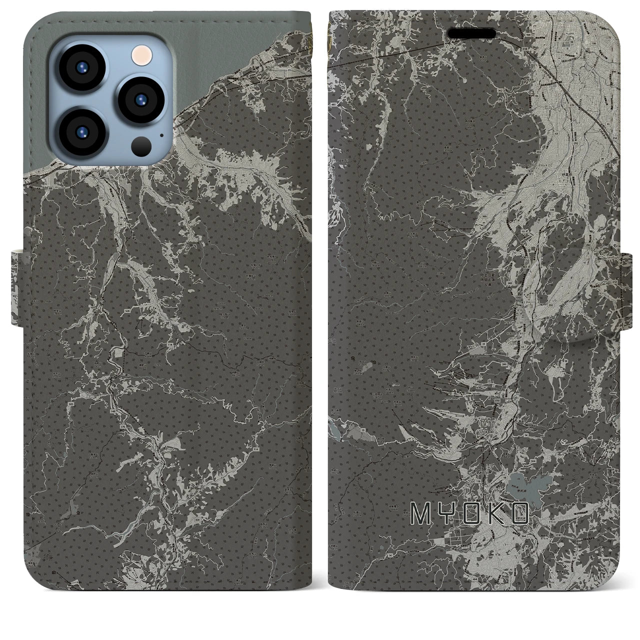 【妙高(新潟県)】地図柄iPhoneケース(手帳タイプ)モノトーン・iPhone 13 Pro Max 用