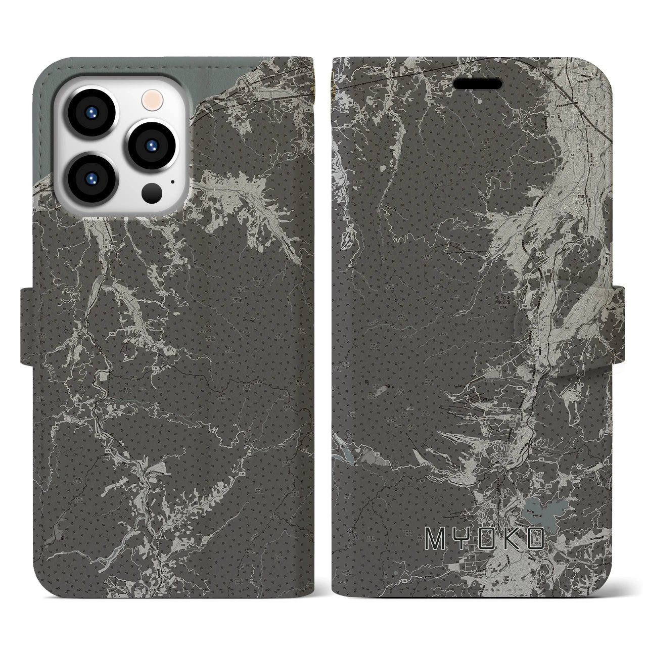 【妙高(新潟県)】地図柄iPhoneケース(手帳タイプ)モノトーン・iPhone 13 Pro 用