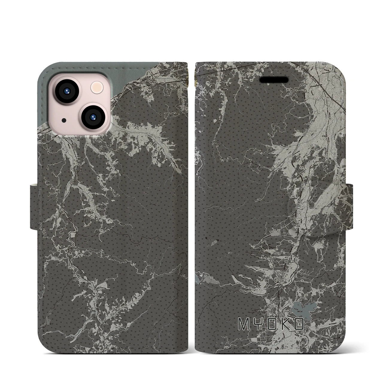 【妙高(新潟県)】地図柄iPhoneケース(手帳タイプ)モノトーン・iPhone 13 mini 用