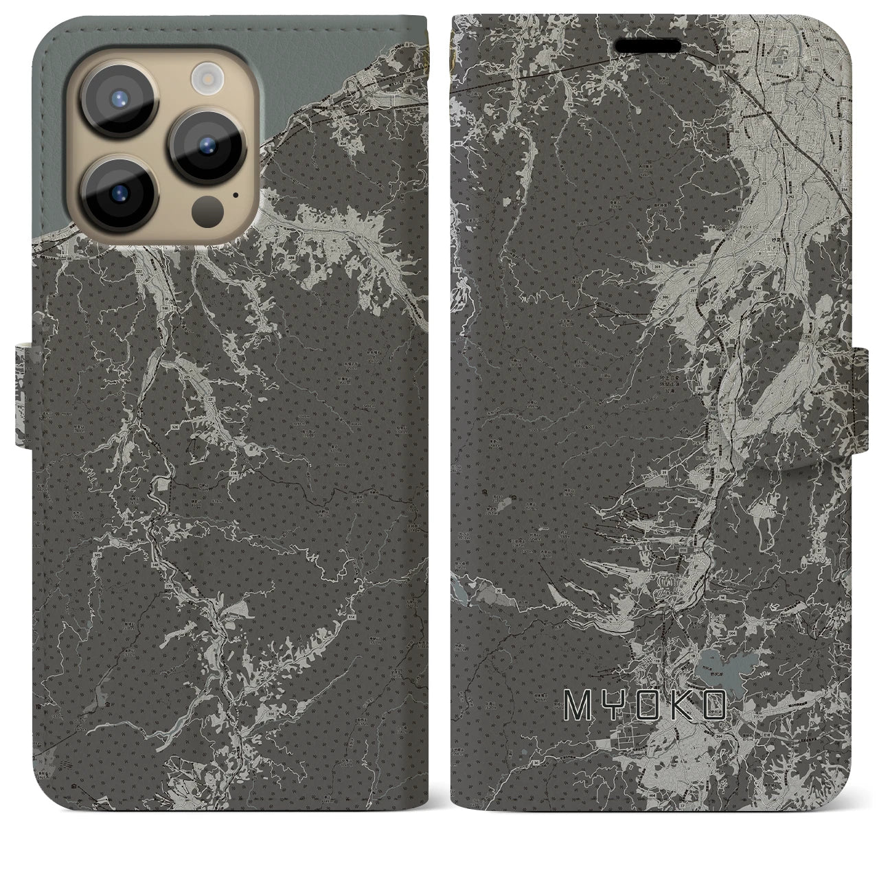 【妙高(新潟県)】地図柄iPhoneケース(手帳タイプ)モノトーン・iPhone 14 Pro Max 用