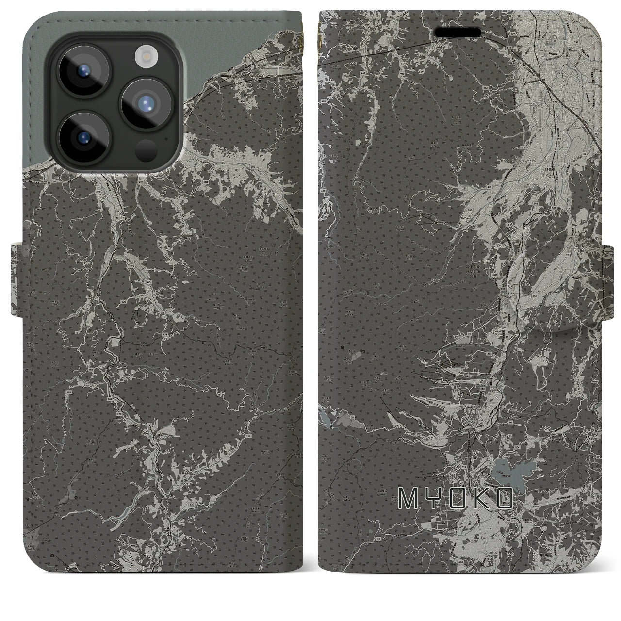【妙高(新潟県)】地図柄iPhoneケース(手帳タイプ)モノトーン・iPhone 15 Pro Max 用