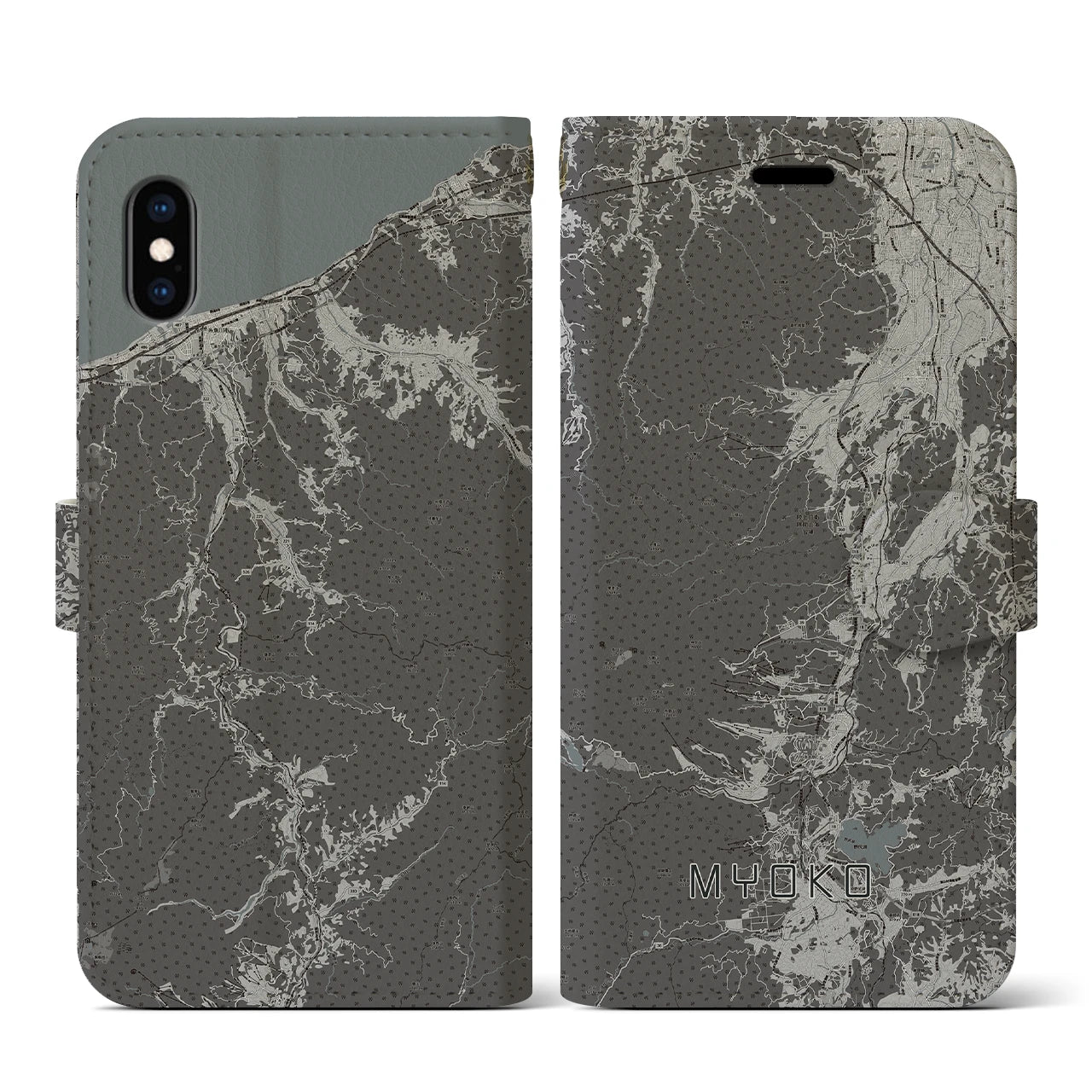 【妙高(新潟県)】地図柄iPhoneケース(手帳タイプ)モノトーン・iPhone XS / X 用