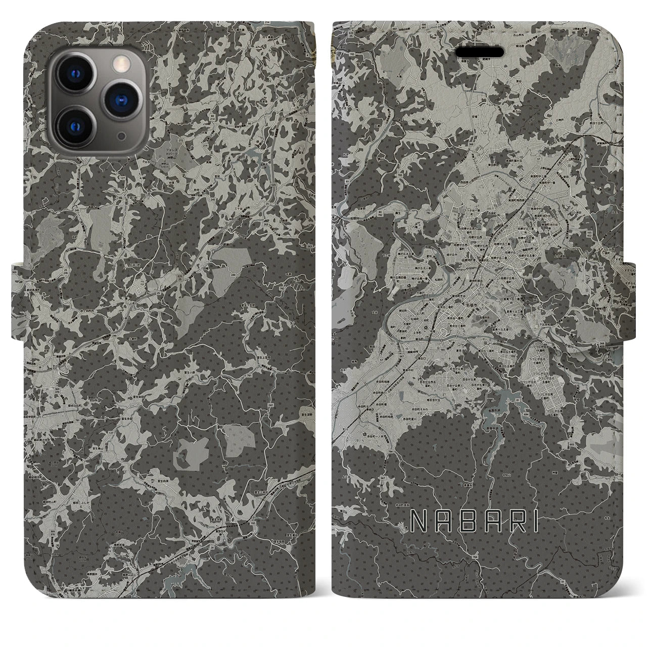 【名張(三重県)】地図柄iPhoneケース(手帳タイプ)モノトーン・iPhone 11 Pro Max 用