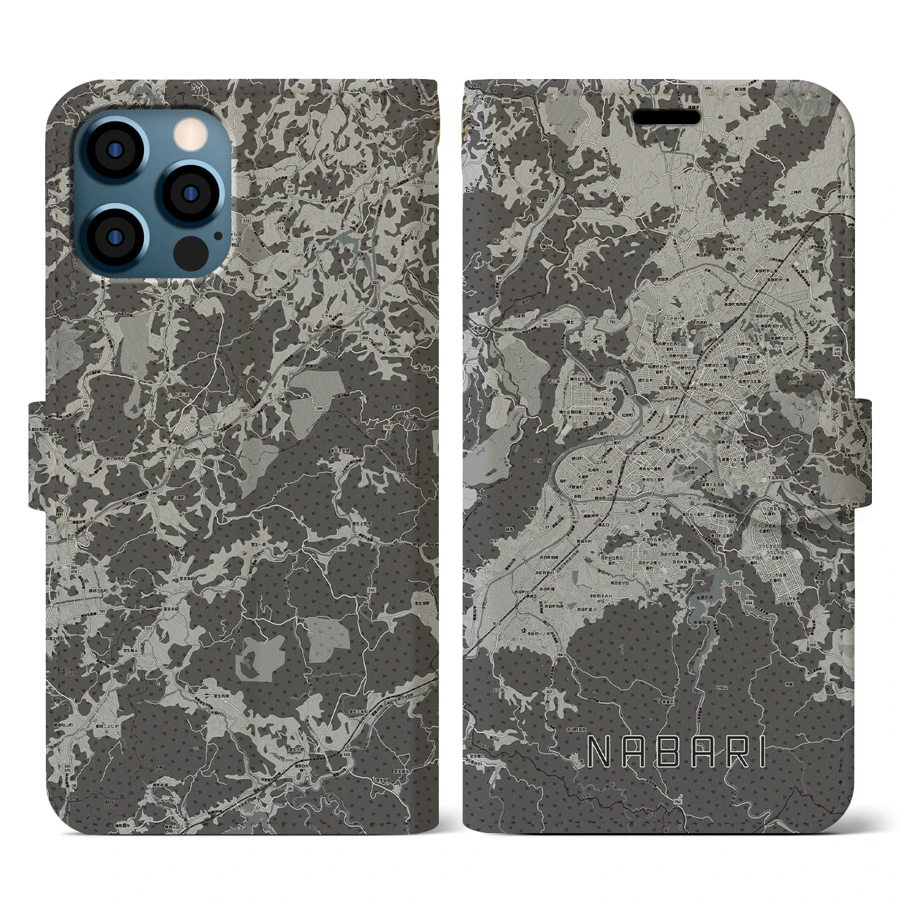 【名張(三重県)】地図柄iPhoneケース(手帳タイプ)モノトーン・iPhone 12 / 12 Pro 用