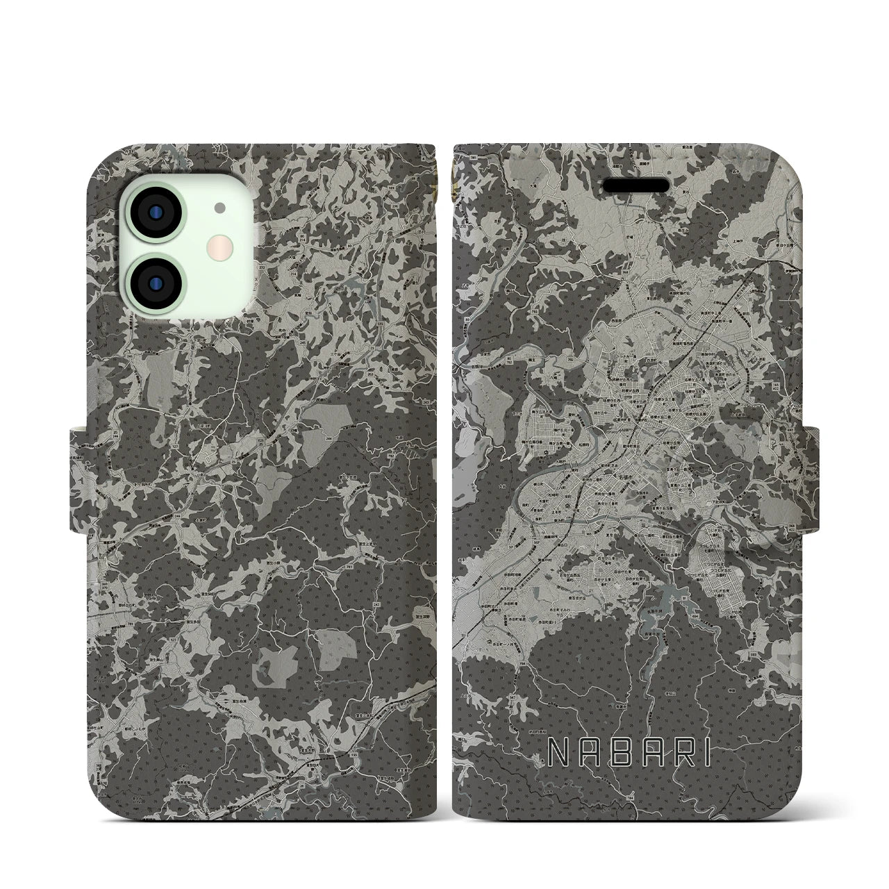 【名張(三重県)】地図柄iPhoneケース(手帳タイプ)モノトーン・iPhone 12 mini 用