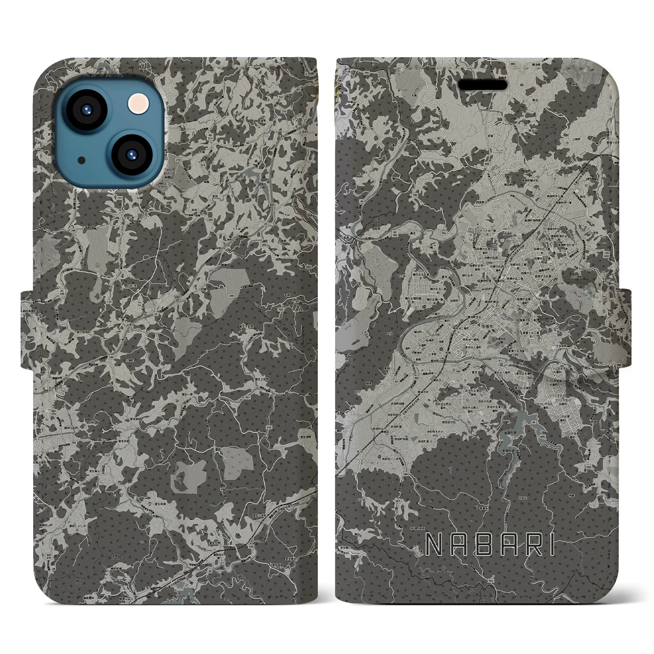 【名張(三重県)】地図柄iPhoneケース(手帳タイプ)モノトーン・iPhone 13 用