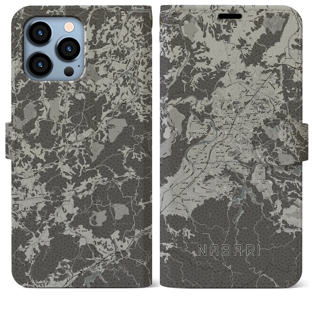 【名張(三重県)】地図柄iPhoneケース(手帳タイプ)モノトーン・iPhone 13 Pro Max 用