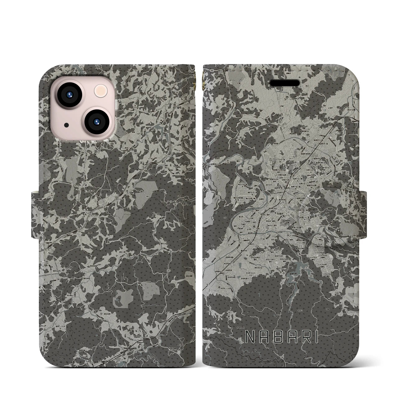 【名張(三重県)】地図柄iPhoneケース(手帳タイプ)モノトーン・iPhone 13 mini 用