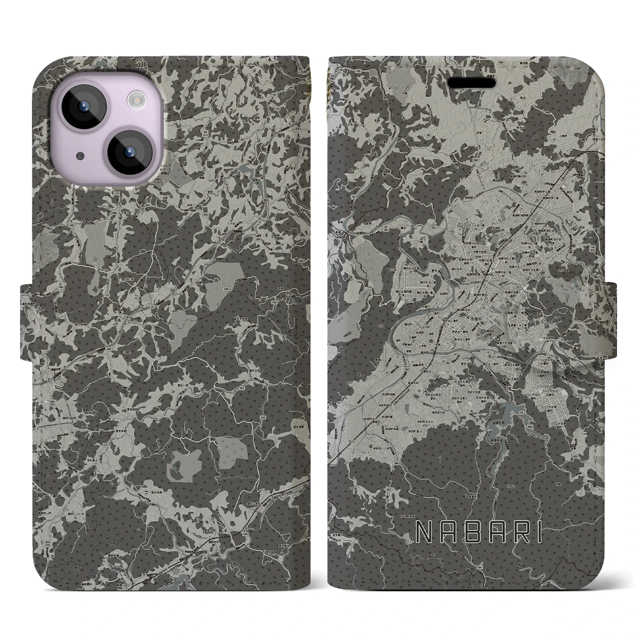 【名張(三重県)】地図柄iPhoneケース(手帳タイプ)モノトーン・iPhone 14 用