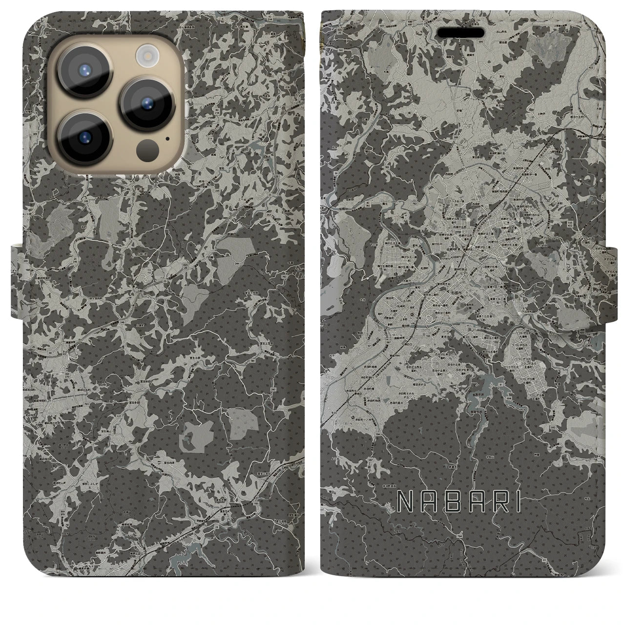 【名張(三重県)】地図柄iPhoneケース(手帳タイプ)モノトーン・iPhone 14 Pro Max 用