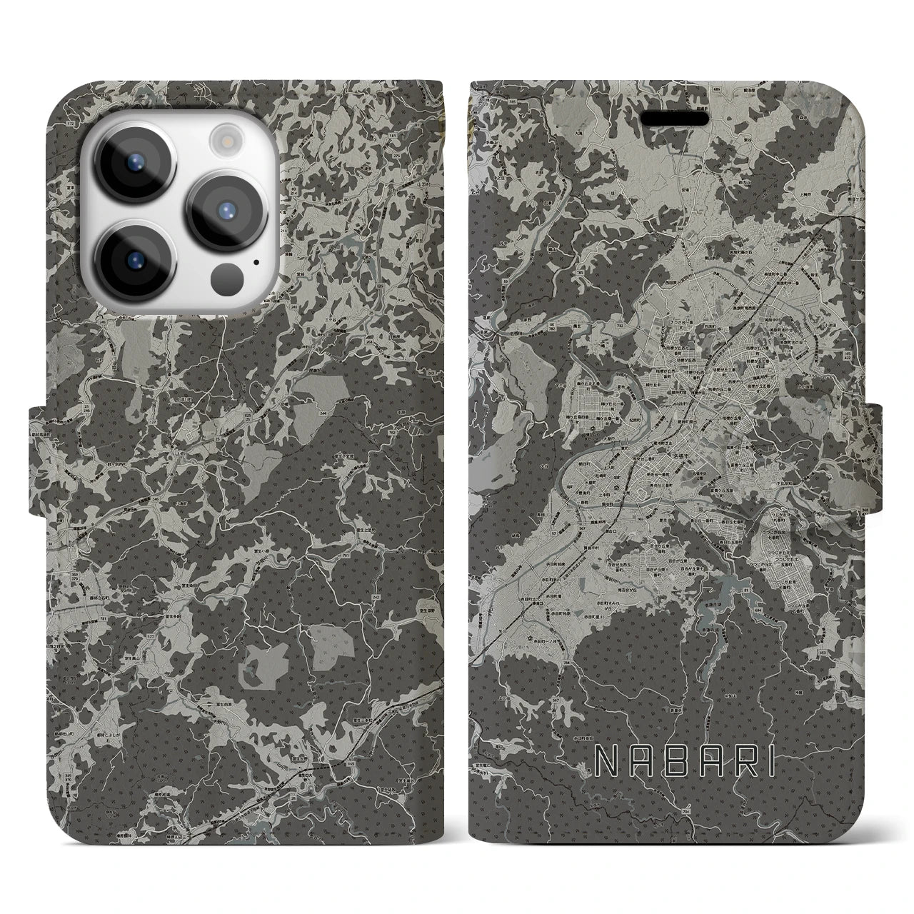 【名張(三重県)】地図柄iPhoneケース(手帳タイプ)モノトーン・iPhone 14 Pro 用