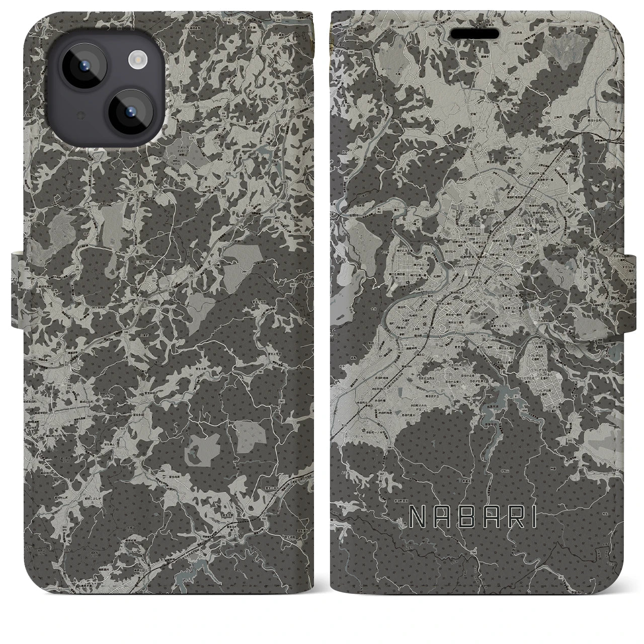 【名張(三重県)】地図柄iPhoneケース(手帳タイプ)モノトーン・iPhone 14 Plus 用