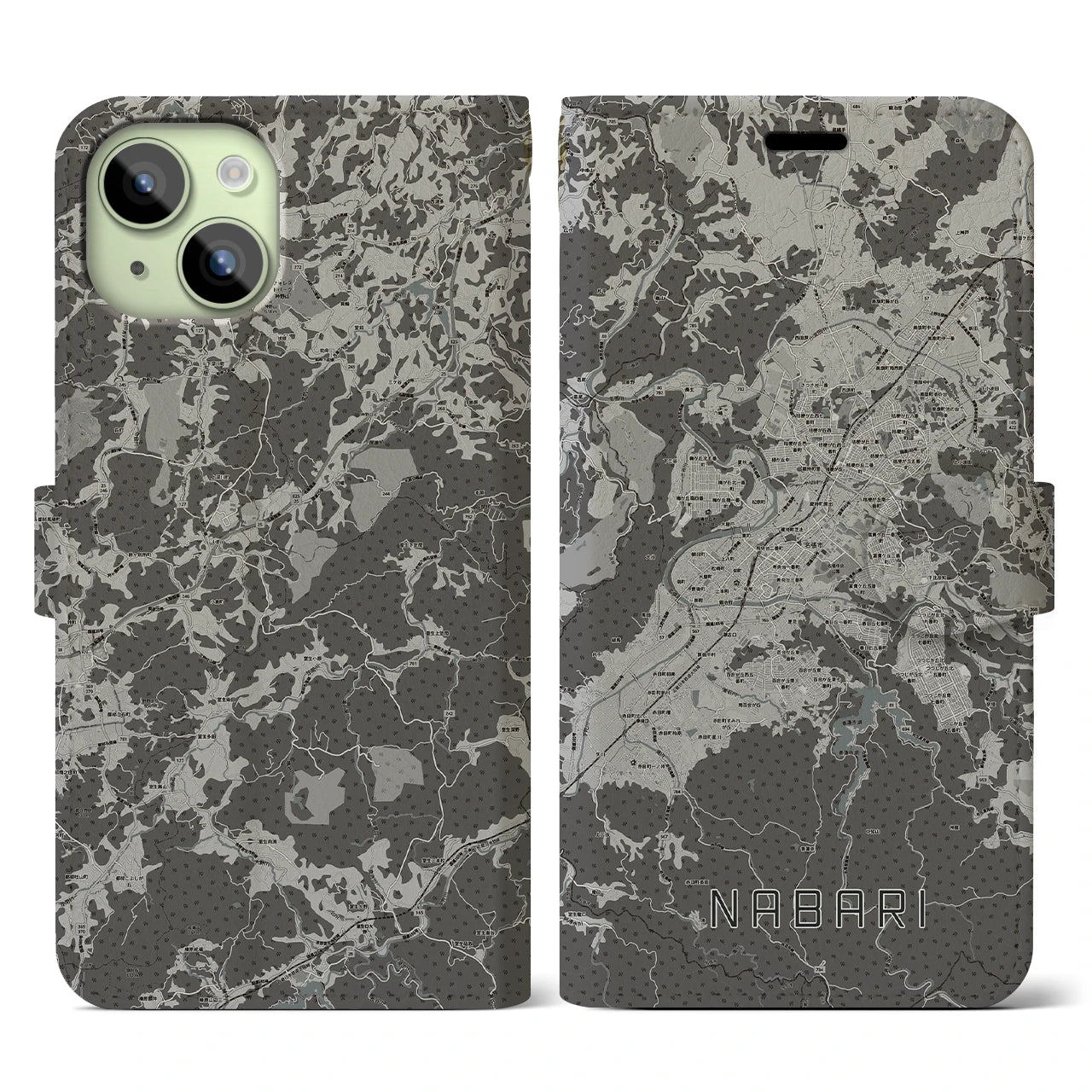 【名張(三重県)】地図柄iPhoneケース(手帳タイプ)モノトーン・iPhone 15 用