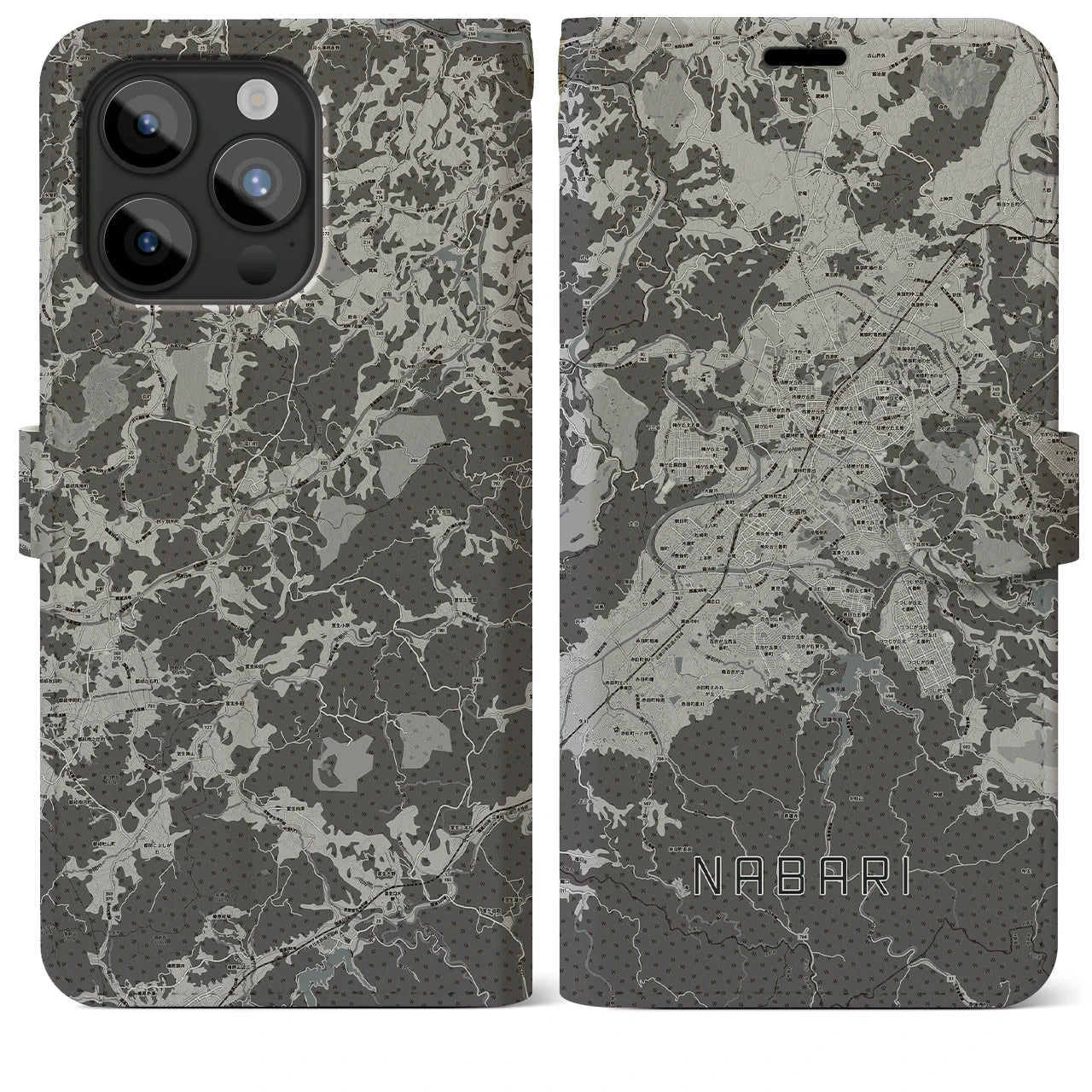 【名張(三重県)】地図柄iPhoneケース(手帳タイプ)モノトーン・iPhone 15 Pro Max 用