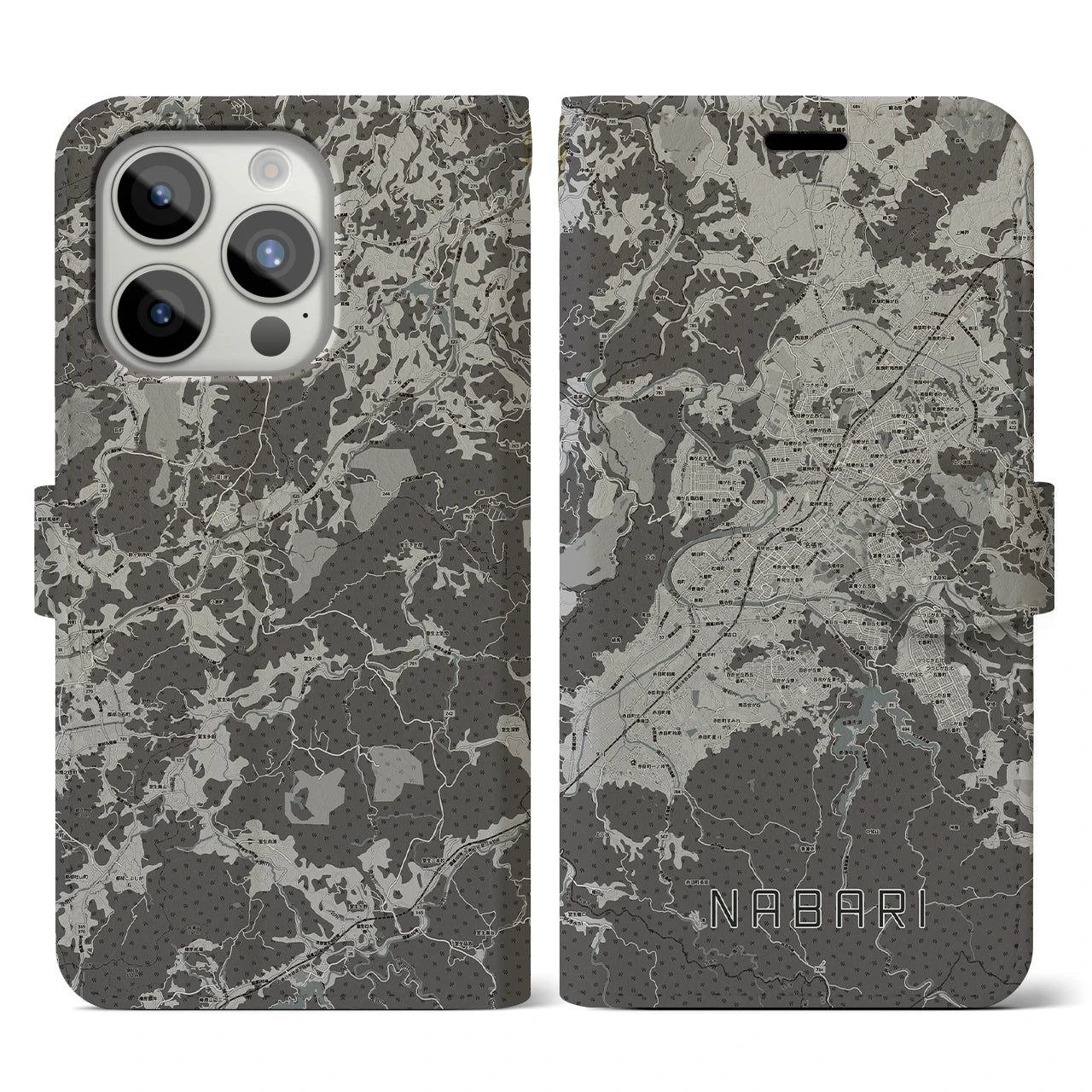 【名張(三重県)】地図柄iPhoneケース(手帳タイプ)モノトーン・iPhone 15 Pro 用