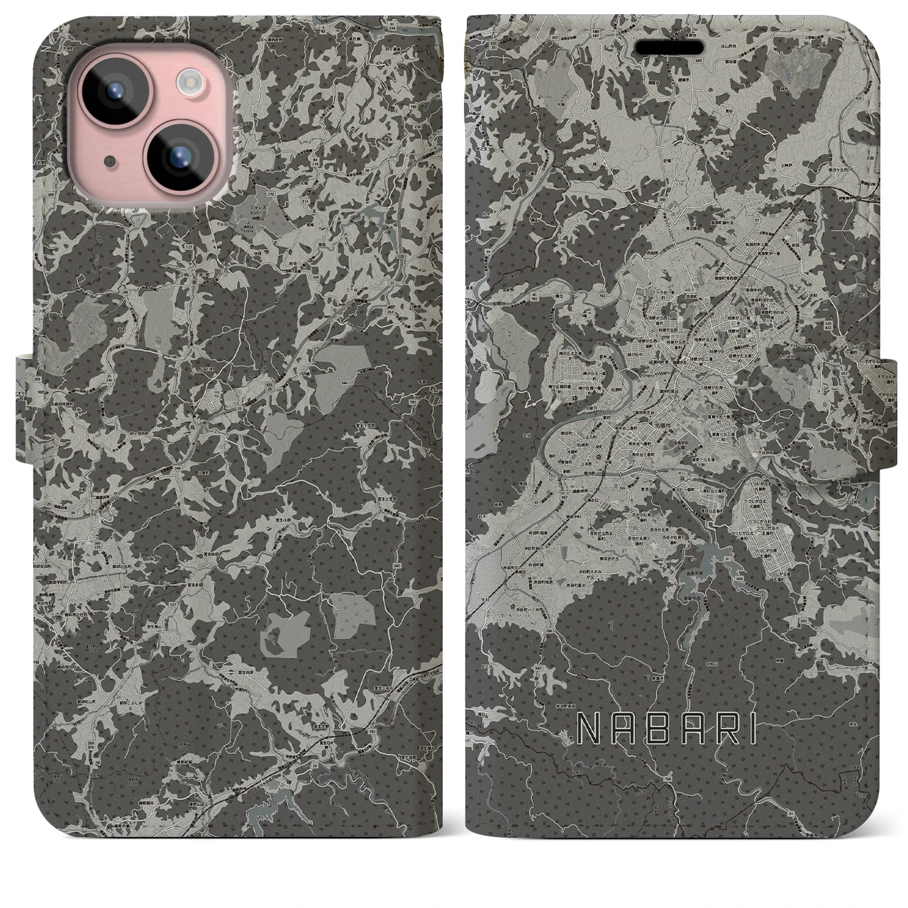 【名張(三重県)】地図柄iPhoneケース(手帳タイプ)モノトーン・iPhone 15 Plus 用