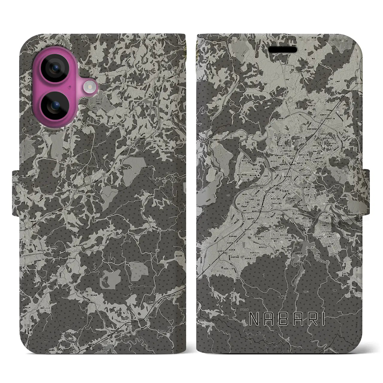 【名張(三重県)】地図柄iPhoneケース(手帳タイプ)モノトーン・iPhone 16 Pro 用