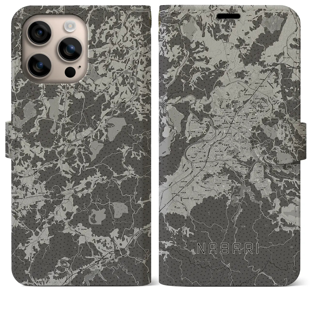 【名張(三重県)】地図柄iPhoneケース(手帳タイプ)モノトーン・iPhone 16 Plus 用