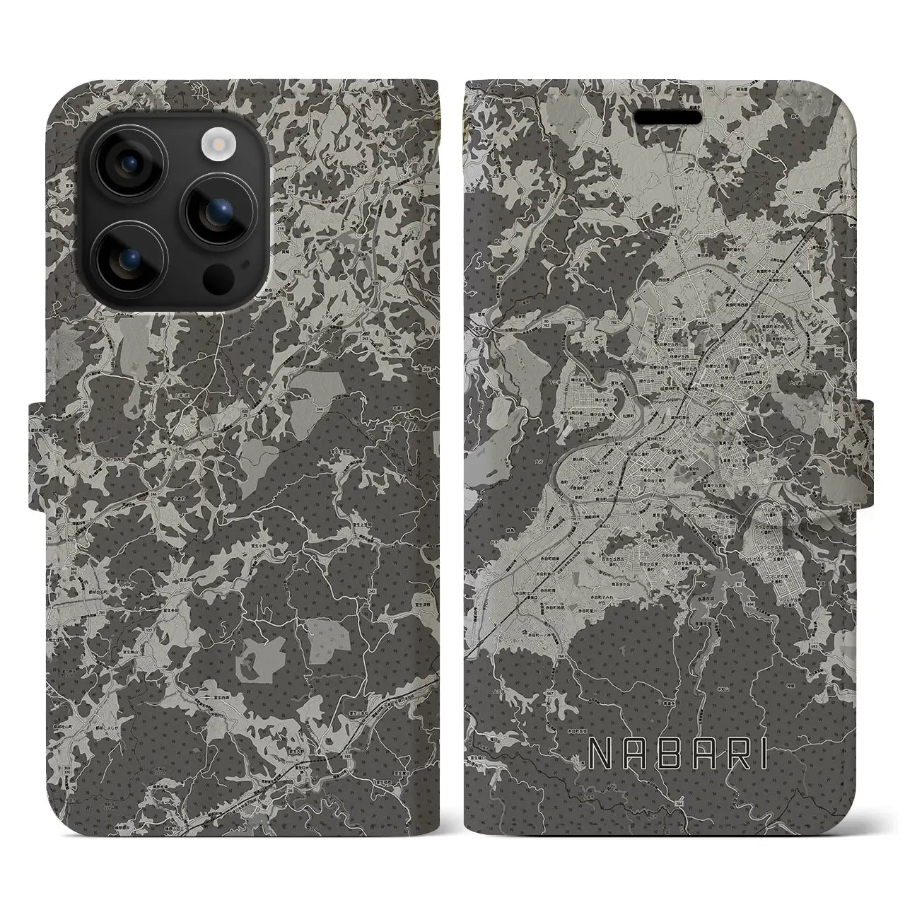 【名張(三重県)】地図柄iPhoneケース(手帳タイプ)モノトーン・iPhone 16 用