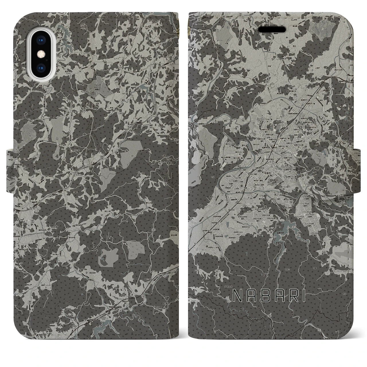 【名張(三重県)】地図柄iPhoneケース(手帳タイプ)モノトーン・iPhone XS Max 用