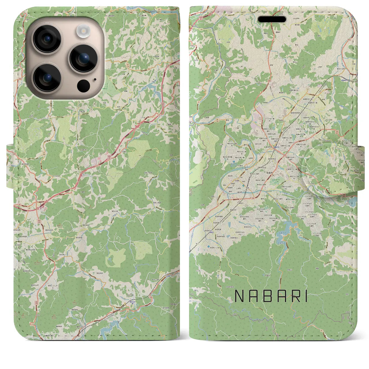 【名張(三重県)】地図柄iPhoneケース(手帳タイプ)ナチュラル・iPhone 16 Plus 用