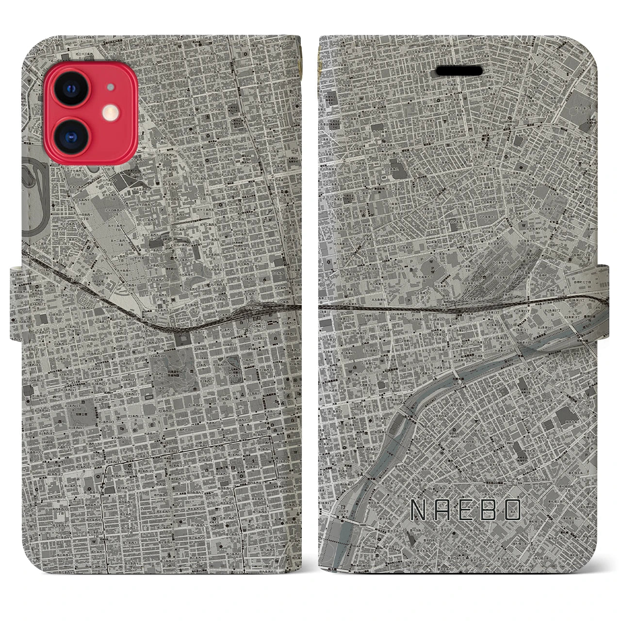 【苗穂(北海道)】地図柄iPhoneケース(手帳タイプ)モノトーン・iPhone 11 用