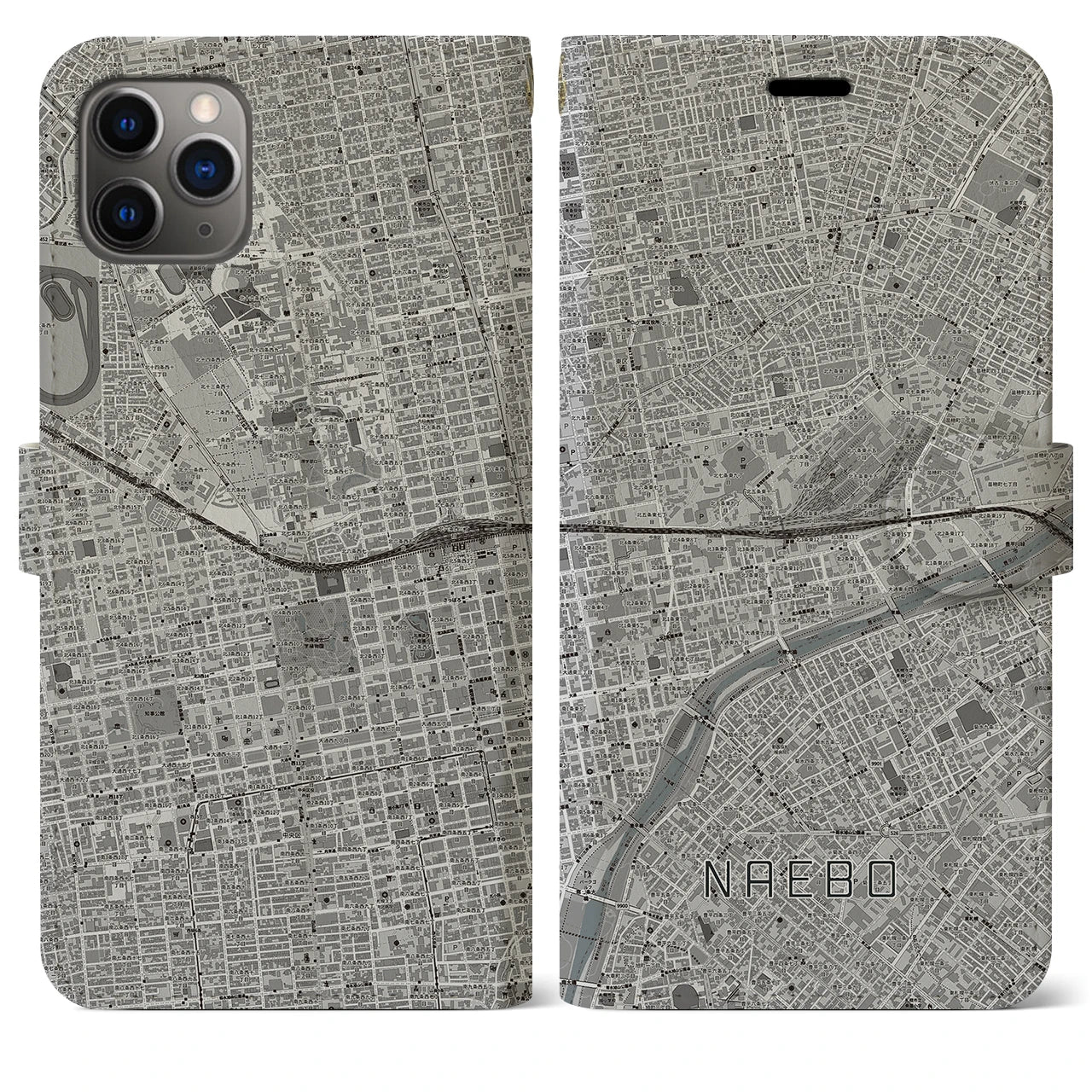 【苗穂(北海道)】地図柄iPhoneケース(手帳タイプ)モノトーン・iPhone 11 Pro Max 用