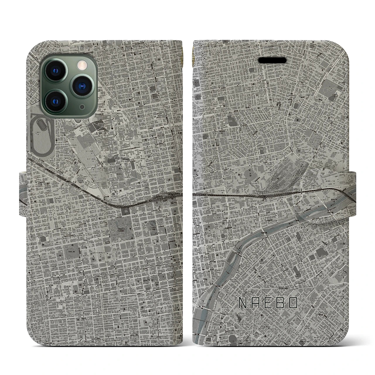【苗穂(北海道)】地図柄iPhoneケース(手帳タイプ)モノトーン・iPhone 11 Pro 用