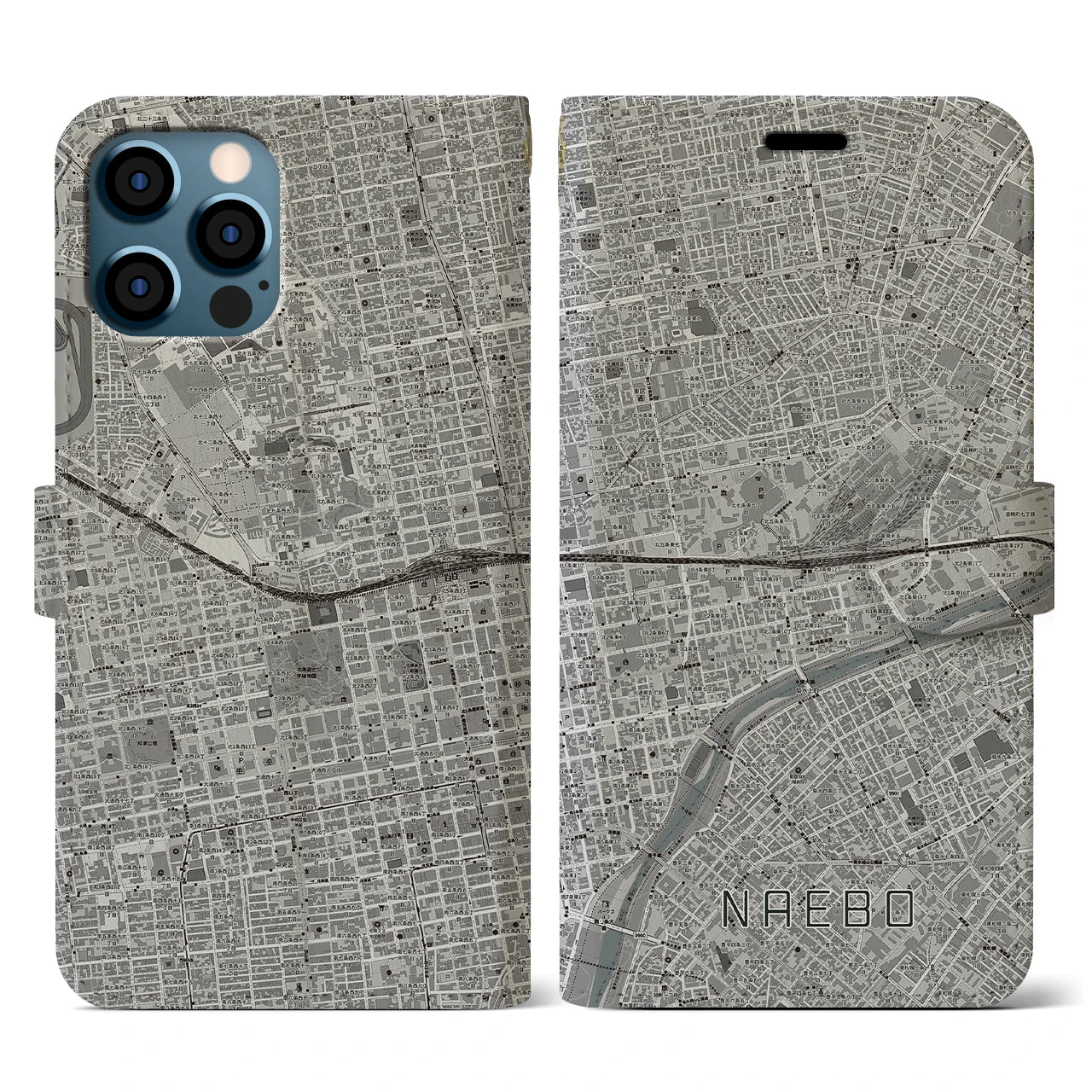 【苗穂(北海道)】地図柄iPhoneケース(手帳タイプ)モノトーン・iPhone 12 / 12 Pro 用