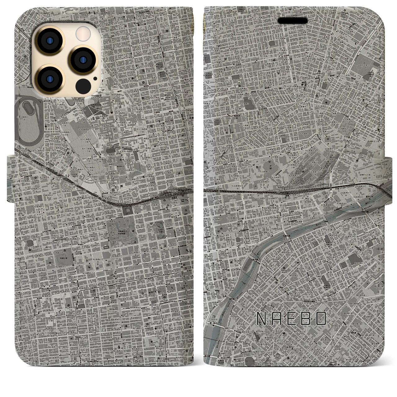 【苗穂(北海道)】地図柄iPhoneケース(手帳タイプ)モノトーン・iPhone 12 Pro Max 用