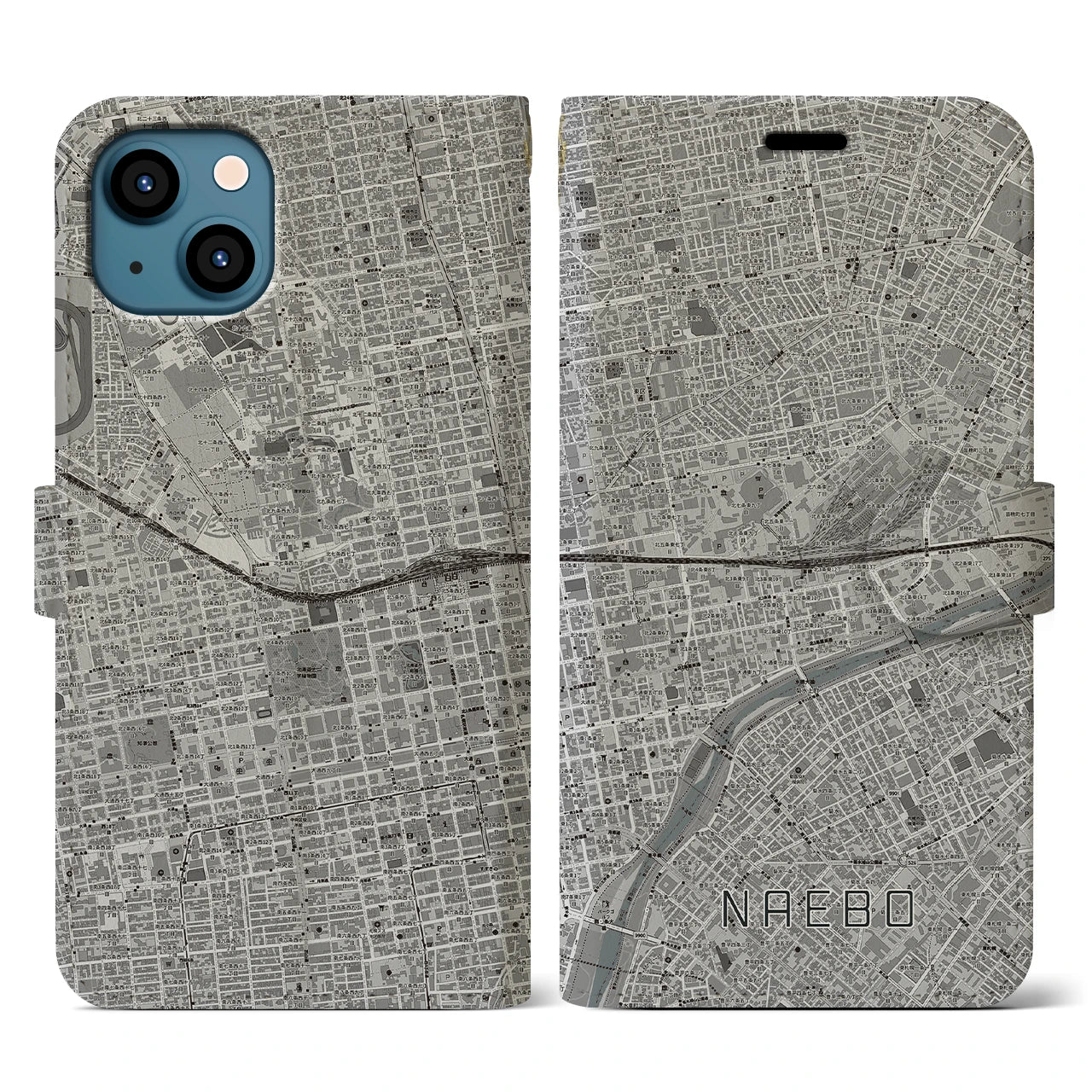 【苗穂(北海道)】地図柄iPhoneケース(手帳タイプ)モノトーン・iPhone 13 用