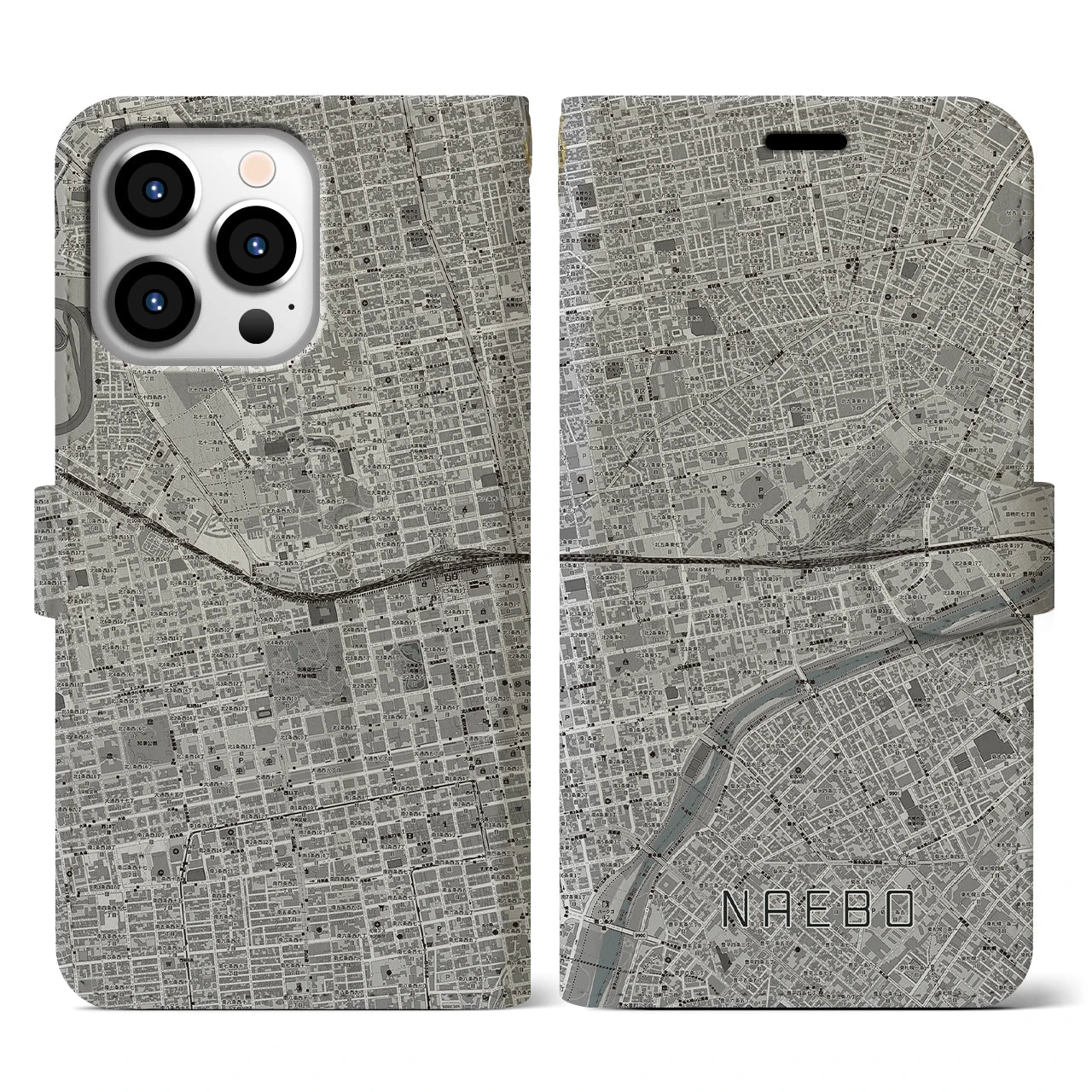 【苗穂(北海道)】地図柄iPhoneケース(手帳タイプ)モノトーン・iPhone 13 Pro 用