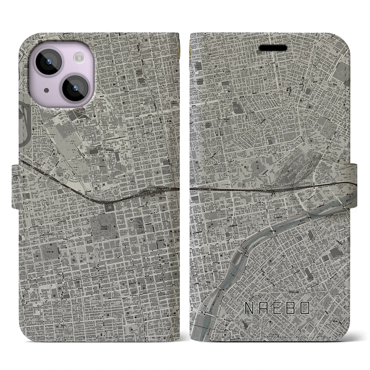 【苗穂(北海道)】地図柄iPhoneケース(手帳タイプ)モノトーン・iPhone 14 用