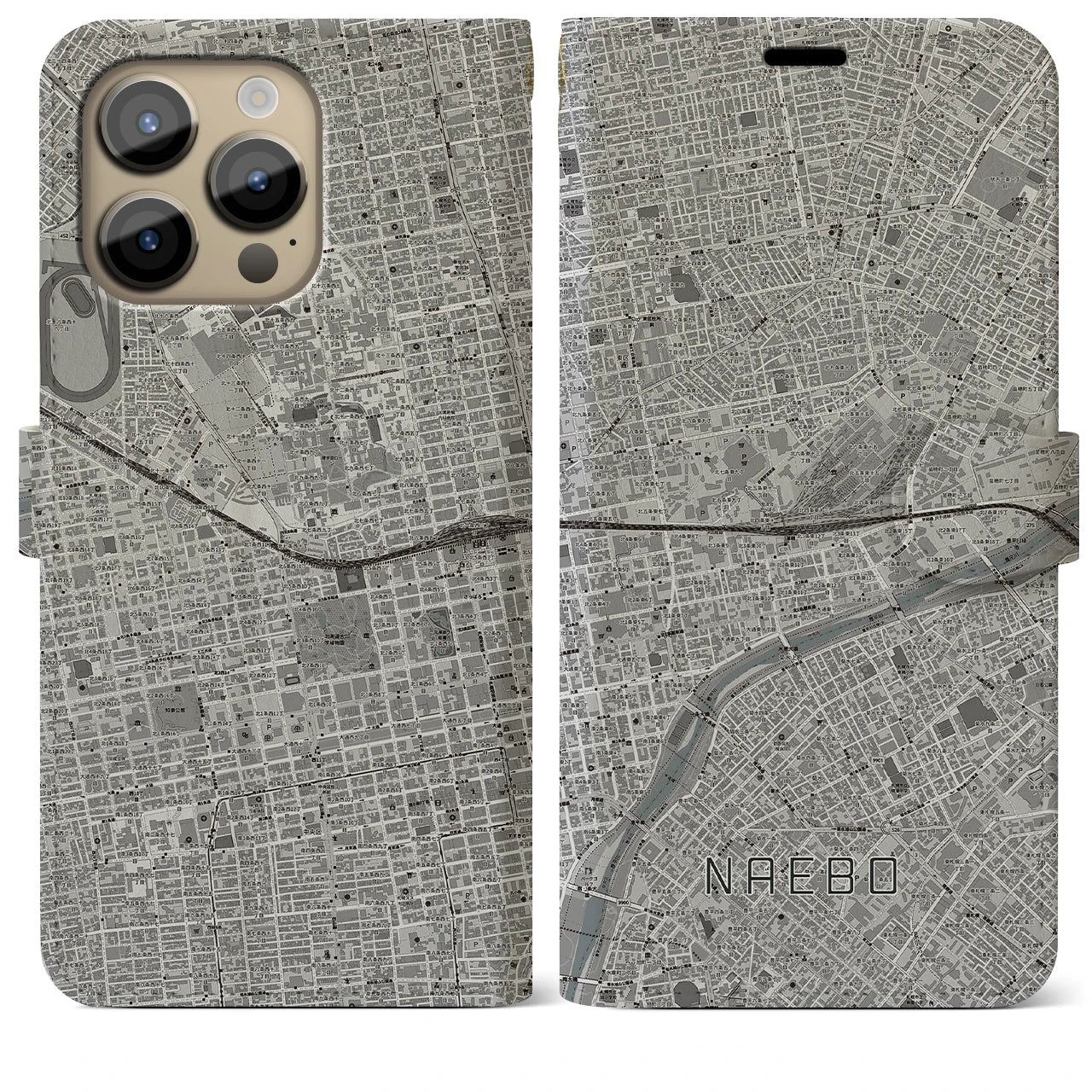 【苗穂(北海道)】地図柄iPhoneケース(手帳タイプ)モノトーン・iPhone 14 Pro Max 用