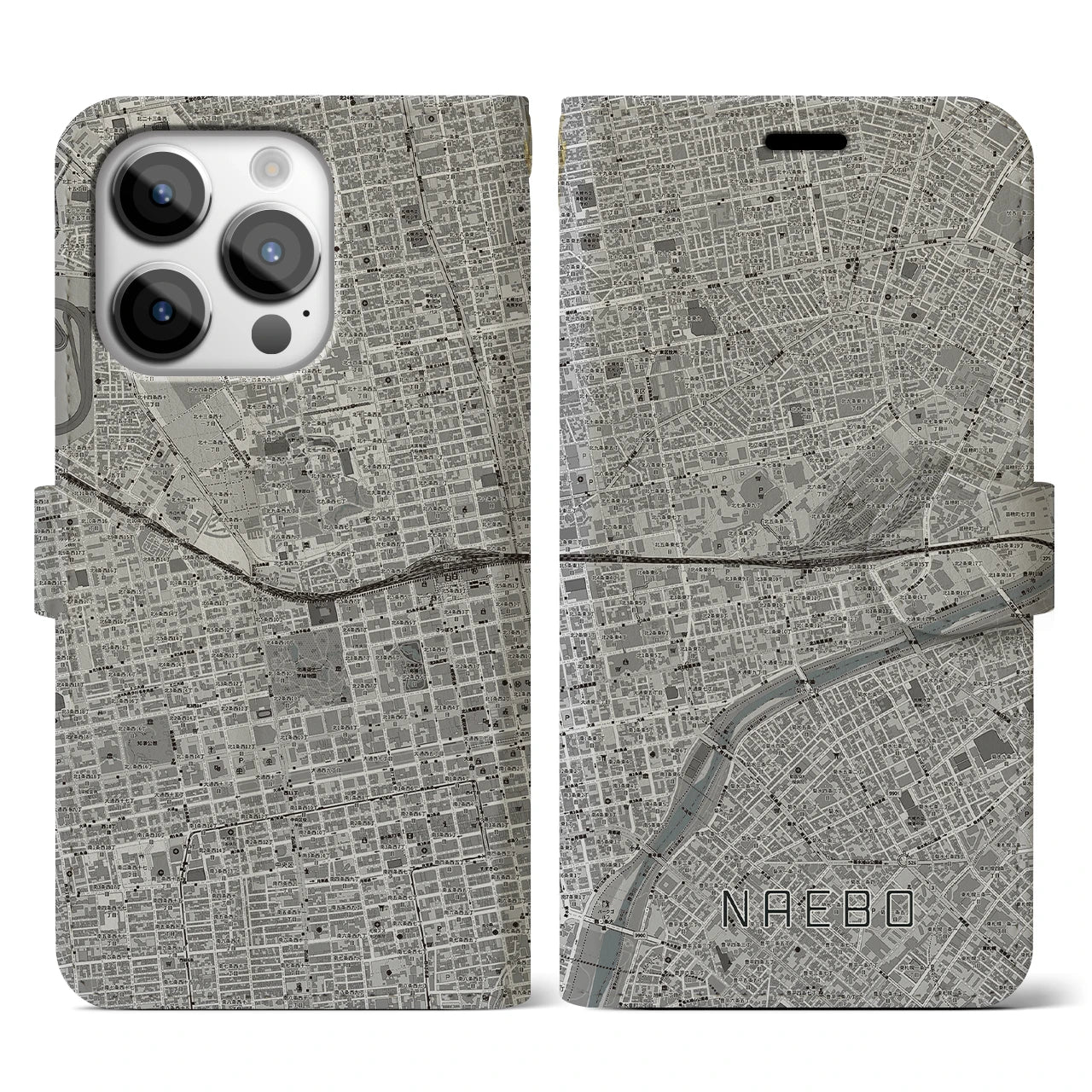 【苗穂(北海道)】地図柄iPhoneケース(手帳タイプ)モノトーン・iPhone 14 Pro 用