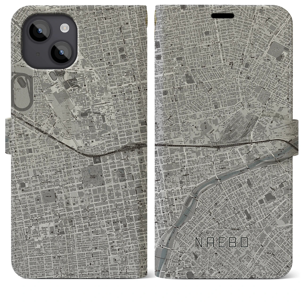 【苗穂(北海道)】地図柄iPhoneケース(手帳タイプ)モノトーン・iPhone 14 Plus 用
