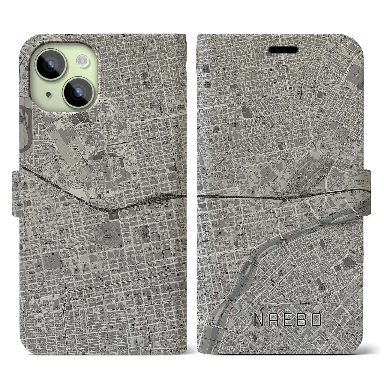 【苗穂(北海道)】地図柄iPhoneケース(手帳タイプ)モノトーン・iPhone 15 用